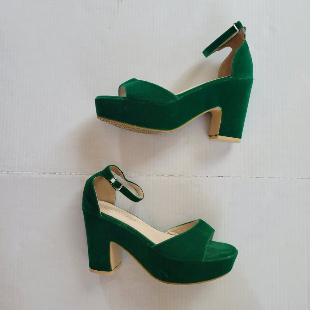Camssoo Brand, Emerald Green Platform Green Platform Faux Velvet Shoes, Size 42 - Picture 5 of 10